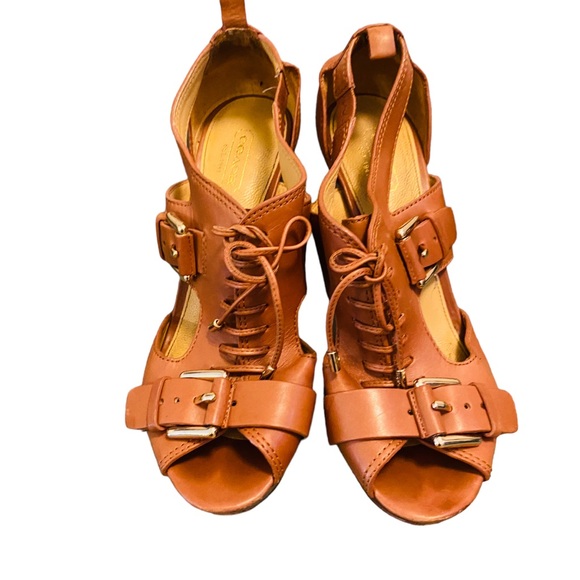 Coach Sofia Leather Lace Up Platform Sandal in Caramel Matte - Picture 4 of 6